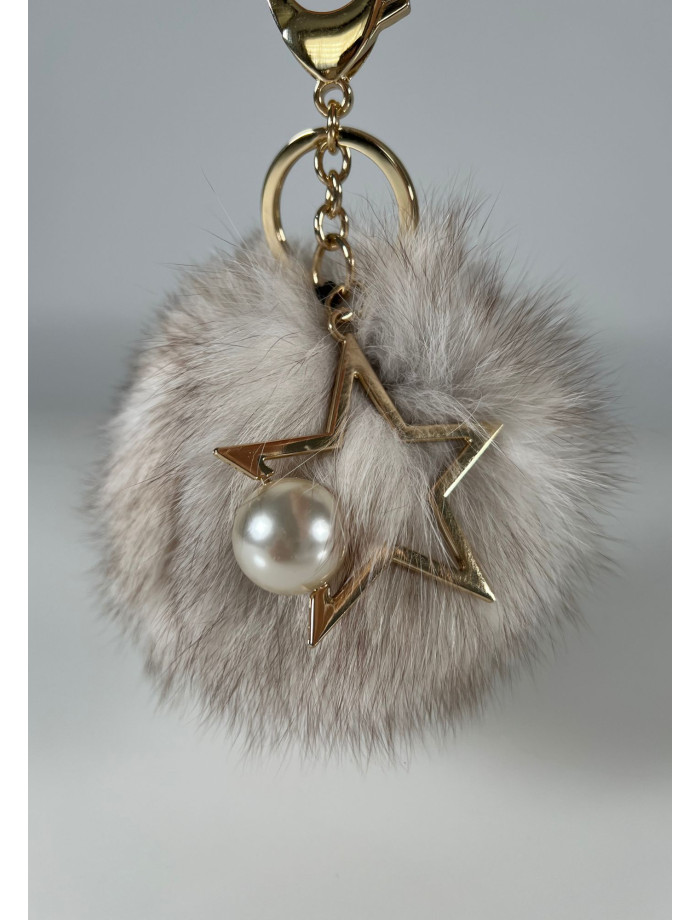 Llavero Charm Pompón Pelo Natural RUKA Blanco Grisáceo
