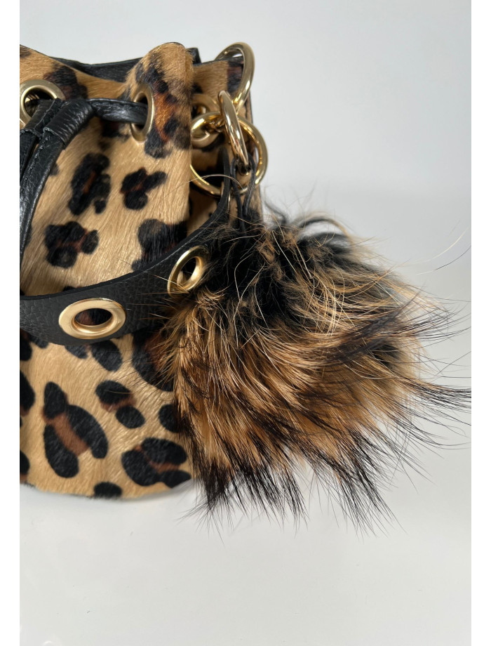 Llavero Charm Pompón Pelo Natural NIEMI Beige y Negro