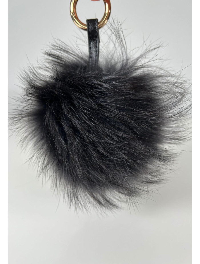Llavero Charm Pompón Pelo Natural NIEMI Negro Grisáceo