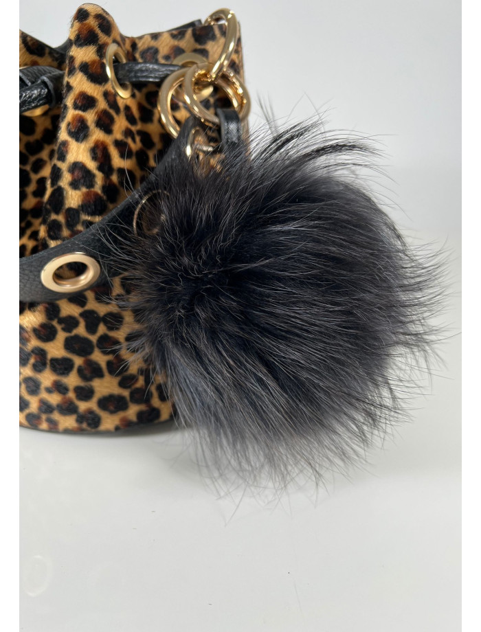 Llavero Charm Pompón Pelo Natural NIEMI Negro Grisáceo